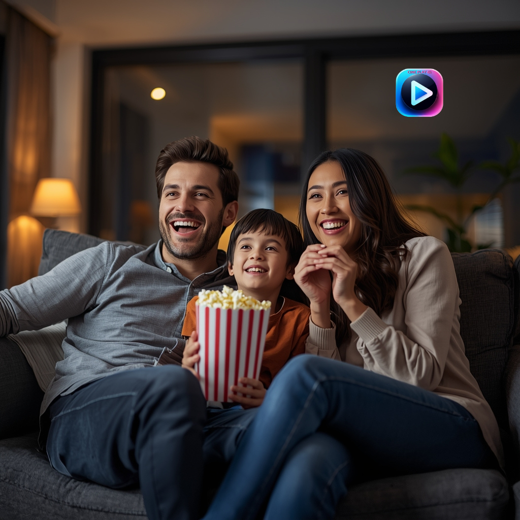 Família feliz assistindo TV juntos no sofá